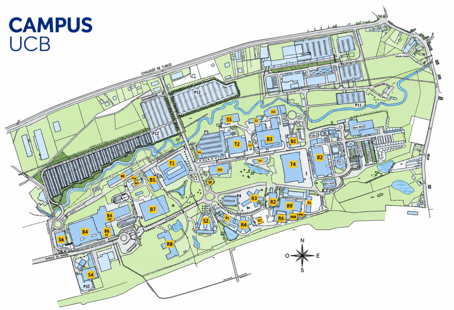 Plan du campus UCB avec bâtiments, parkings et voies de circulation